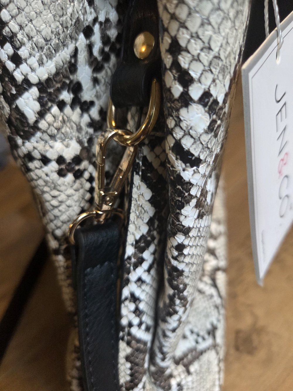 Vegan Python-Print Top Handle Crossbody Bag - Black/White - Picture 6 of 7